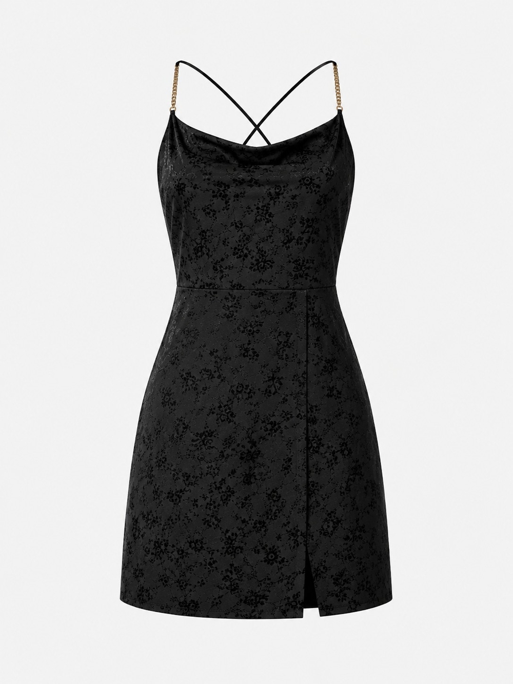 Zara Black Floral Jacquard Wrap Mini Dress Gold Chain Straps Size S NWOT